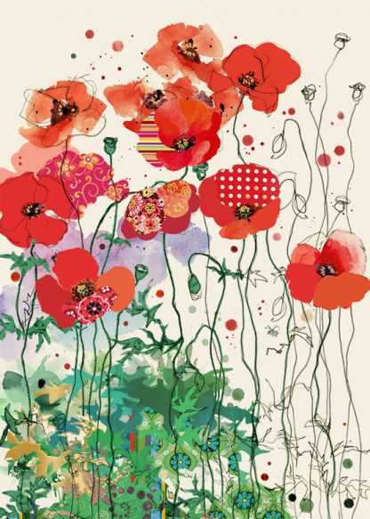 B031 Red Field Poppies bug art greeting card
