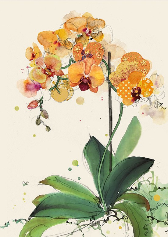 B041 Orange Orchids bug art greeting card