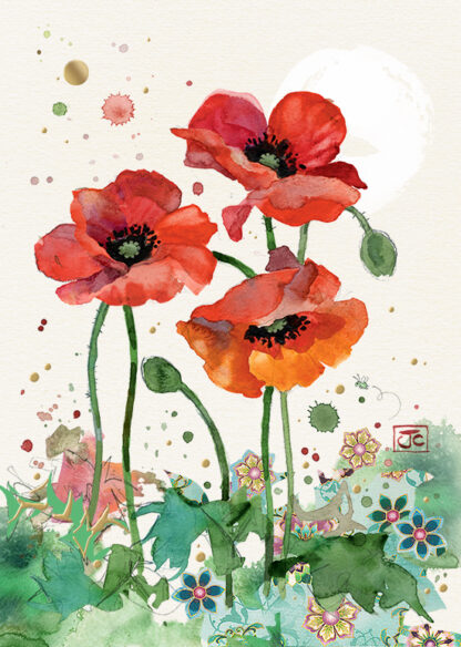 B048 Three Red Poppies bug art greeting card