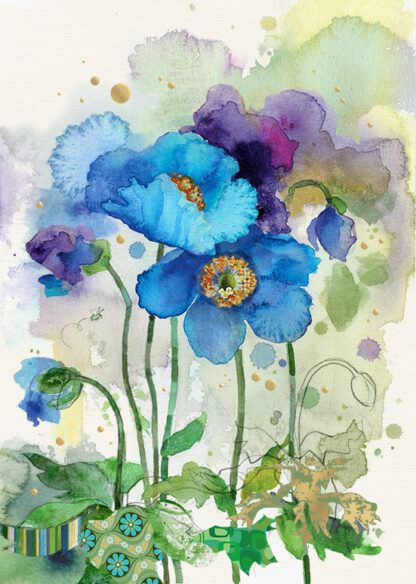 B052 Blue Poppies bug art greeting card