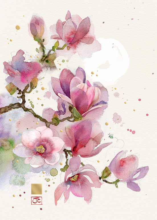 B053 Pink Magnolia bug art greeting card