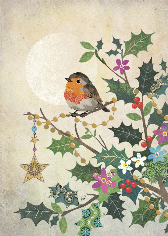 DC044 Robin Holly Branch greeting card bug art