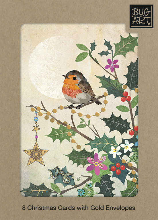 DCX044 Robin Holly Branch 8 Pack greeting card bug art