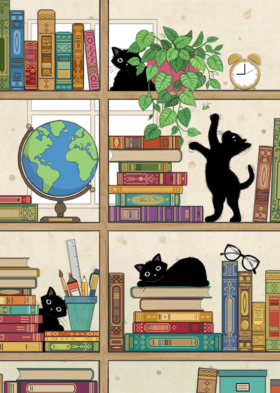 H040 Bookcase Kitties bug art greeting card