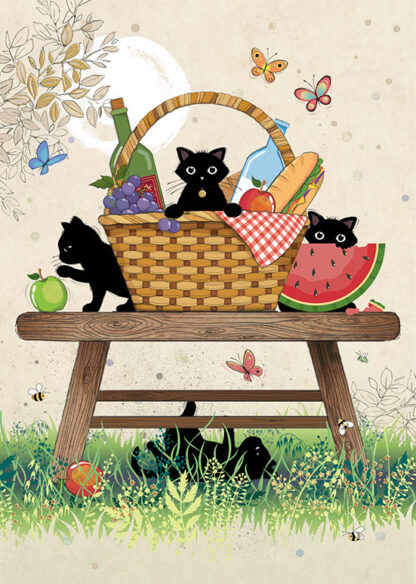 H042 Picnic Kitties bug art greeting card