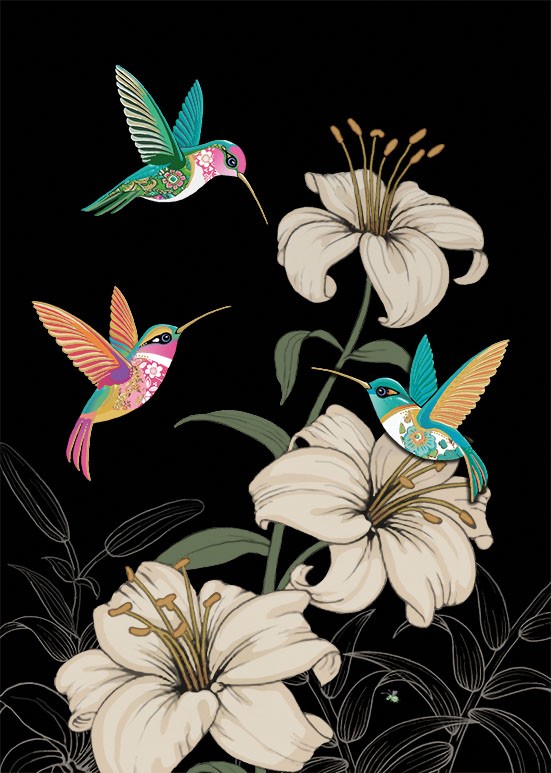 M170 Three Hummingbirds bug art greeting card